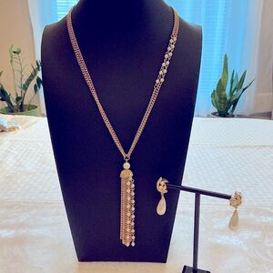 Pearl Tassel Gold Tone Necklace and Earrings